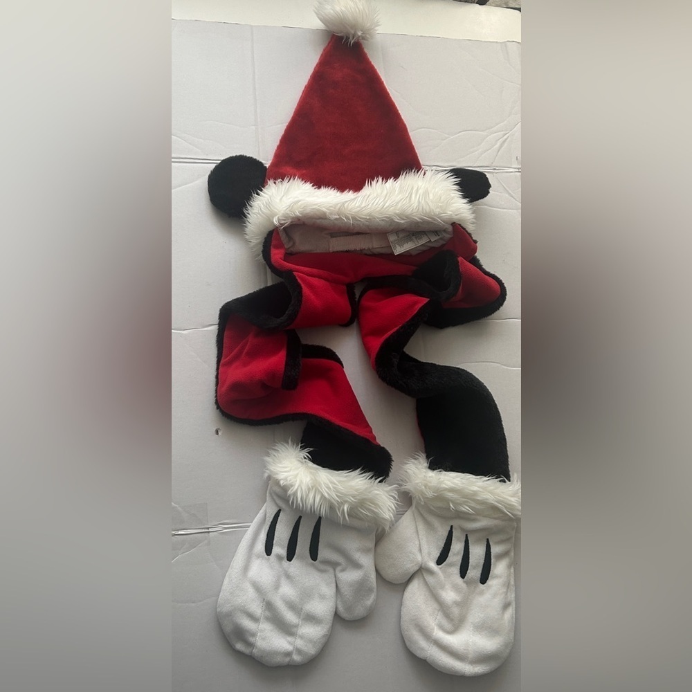 Disney Parks Mickey Mouse Santa Hat/Scarf/Gloves All in One-Plush
